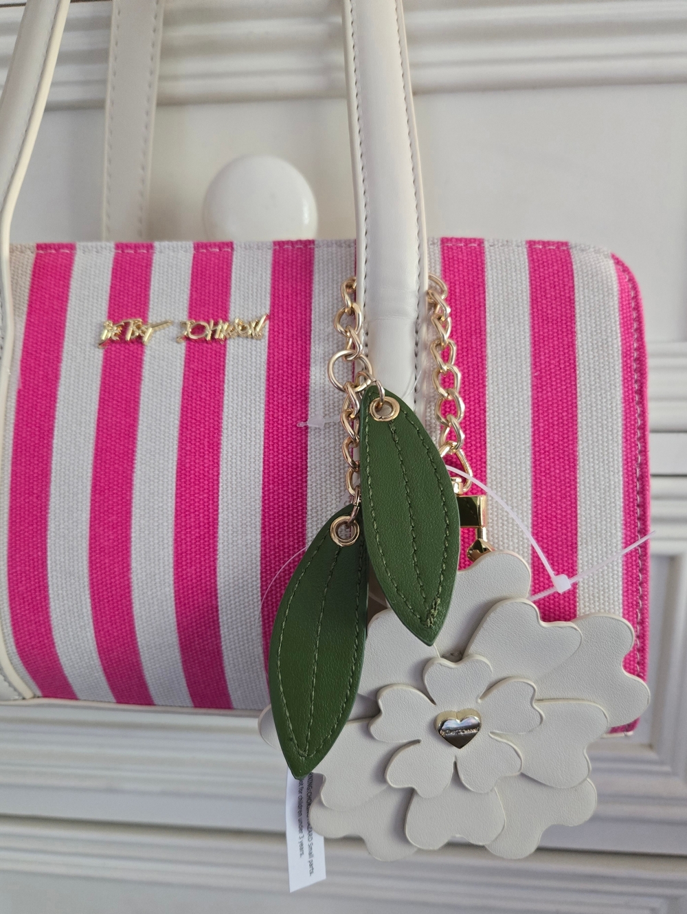 Betsey Johnson Pink and Cream Striped Purse with Floral Charm NWT - Picture 2 of 8